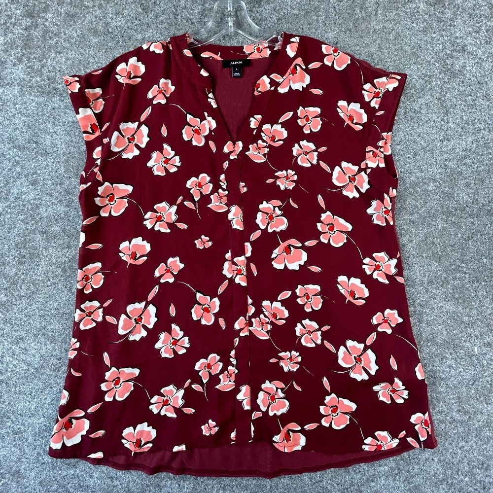 Alfani Blouse Womens L Maroon Floral Split V-Neck Short Sleeve Everyday Comfort‎